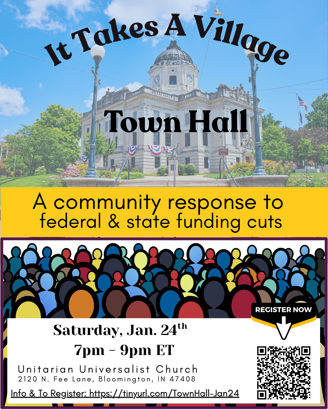 Image of Bloomington Courthouse and colorful illustration of assembled people highlight town hall event announcement 