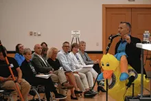 Michael Potter, Democratic candidate for Indiana House District 47, speaks on how elected officials can help quality of life for Indiana residents during the 2026 Johnson County Voter Forum Thursday. Hallie Gallinat | Daily Journal