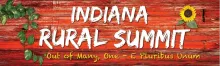 Red Barn siding, green vine on left, yellow sunflower on top right, with the words "Indiana Rural Summit - E Pluribus Unum . . . Out of Many, One" written across